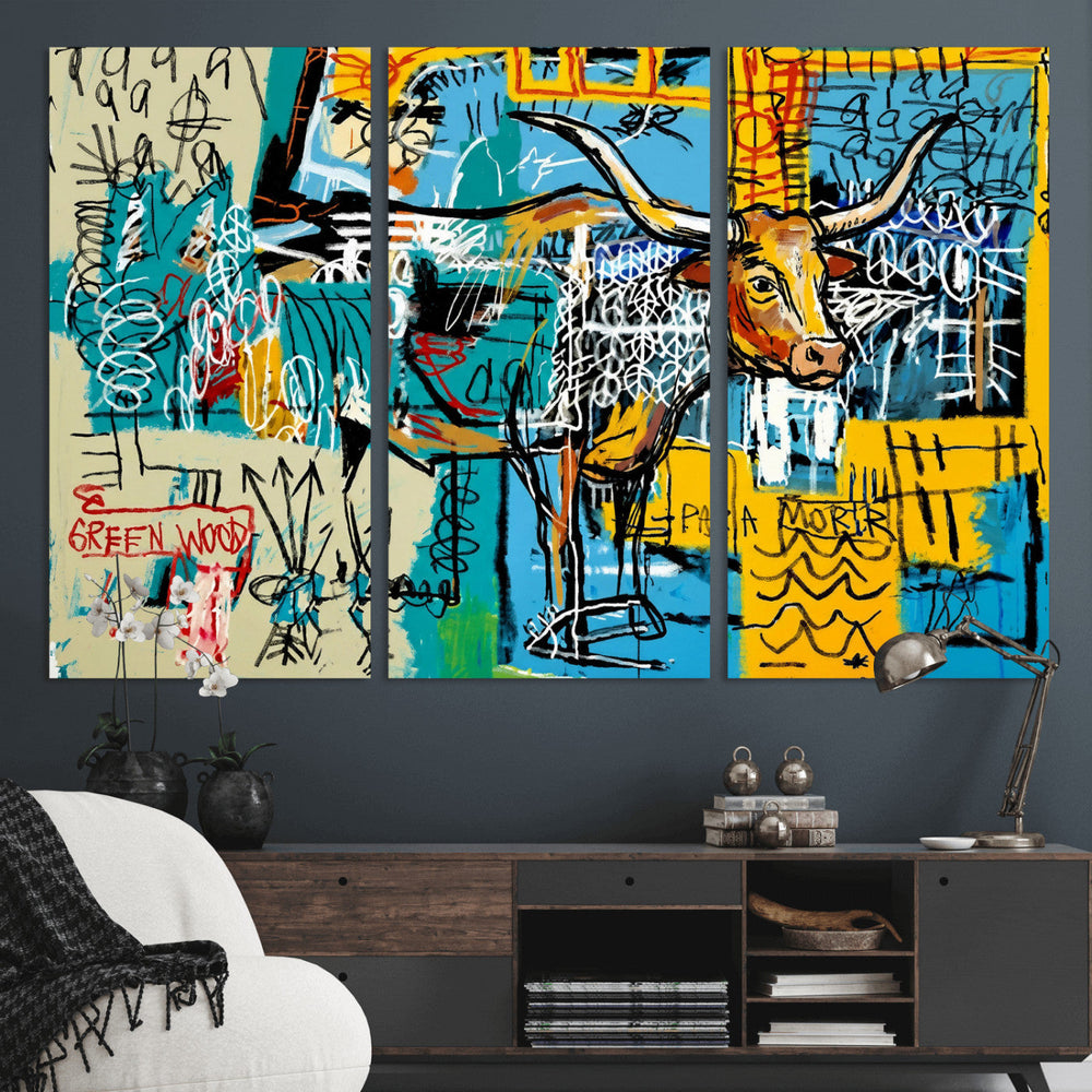 Basquiat Style Bird Bull Graffiti Wall Art Canvas Print,