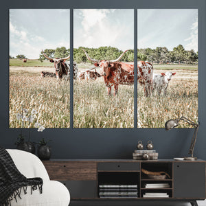 Texas Longhorn Cattle Wall Art Canvas Print, Rustic Ranch