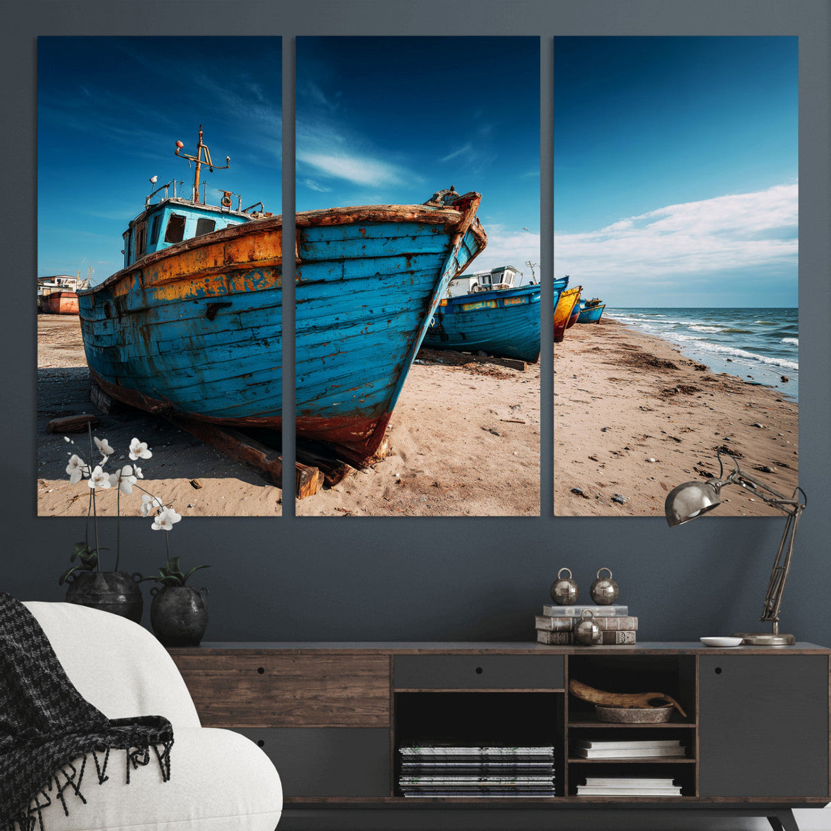Coastal Fishing Boats Wall Art Canvas Print, Sunset Beach