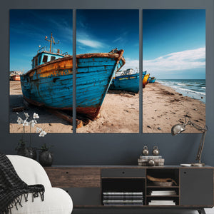 Coastal Fishing Boats Wall Art Canvas Print, Sunset Beach