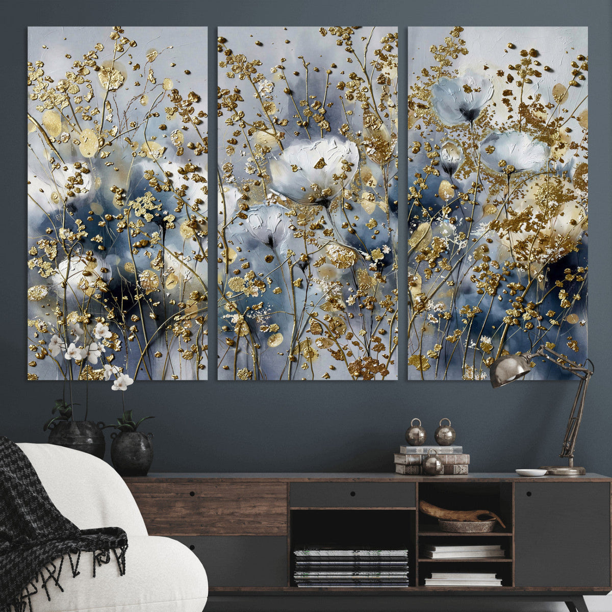Abstract Floral Wall Art Canvas Print – Gold and Blue