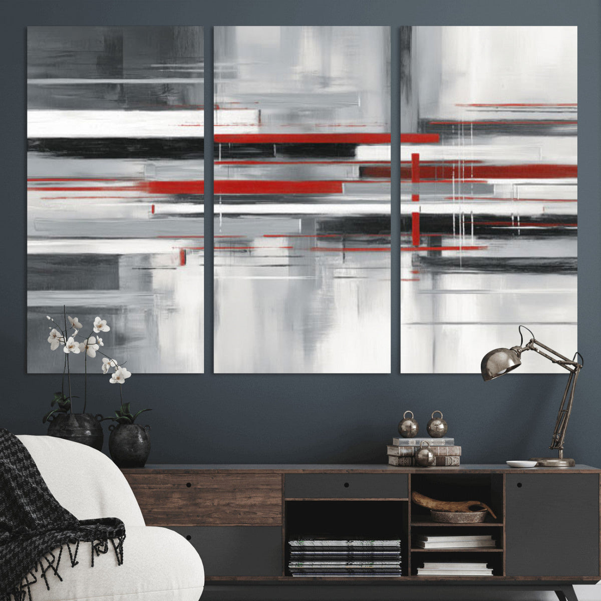 Gray Red Abstract Wall Art Canvas Print, Modern Abstract
