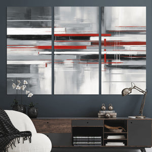 Gray Red Abstract Wall Art Canvas Print, Modern Abstract