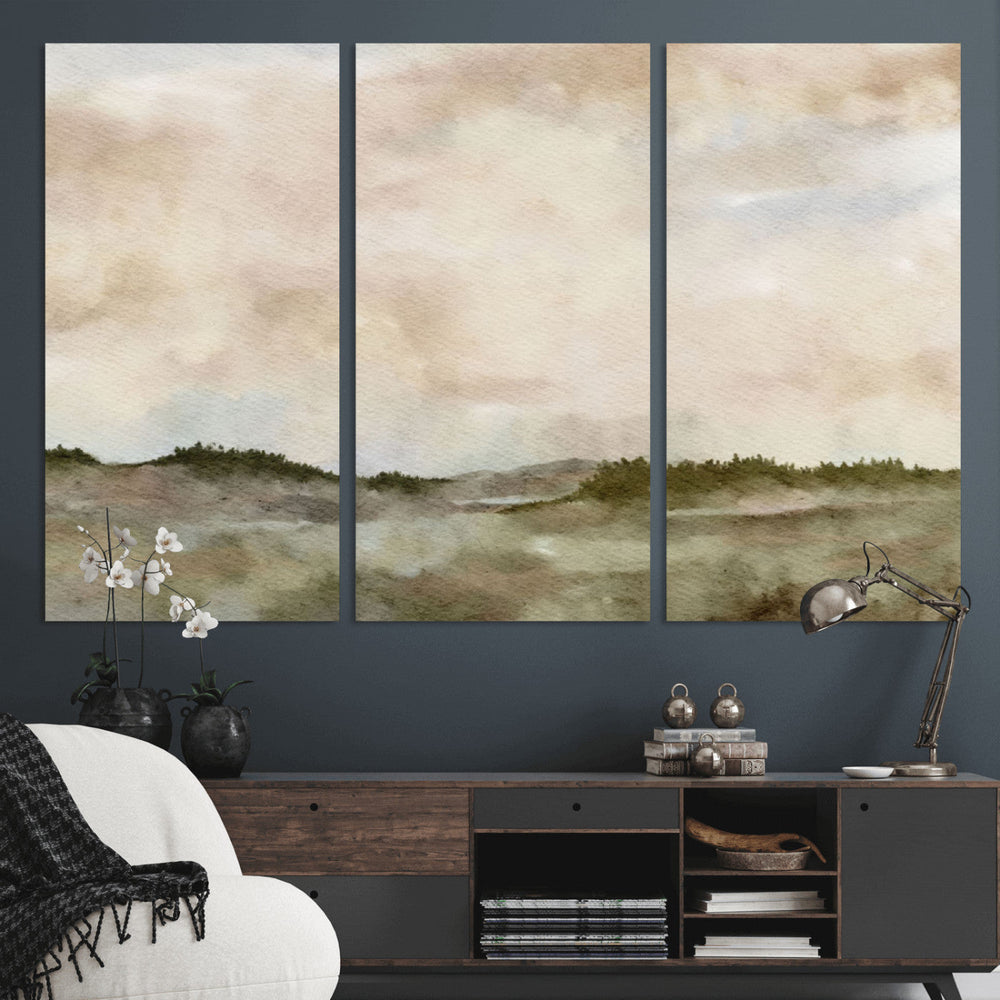 Muted Watercolor Hill Landscape Print — Beige Taupe Cloudy
