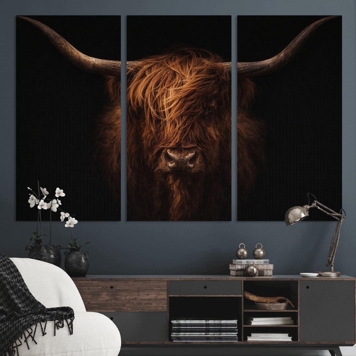 Highland Cow Wall Art Canvas Print – Moody Dark Rustic