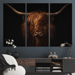 Highland Cow Wall Art Canvas Print – Moody Dark Rustic