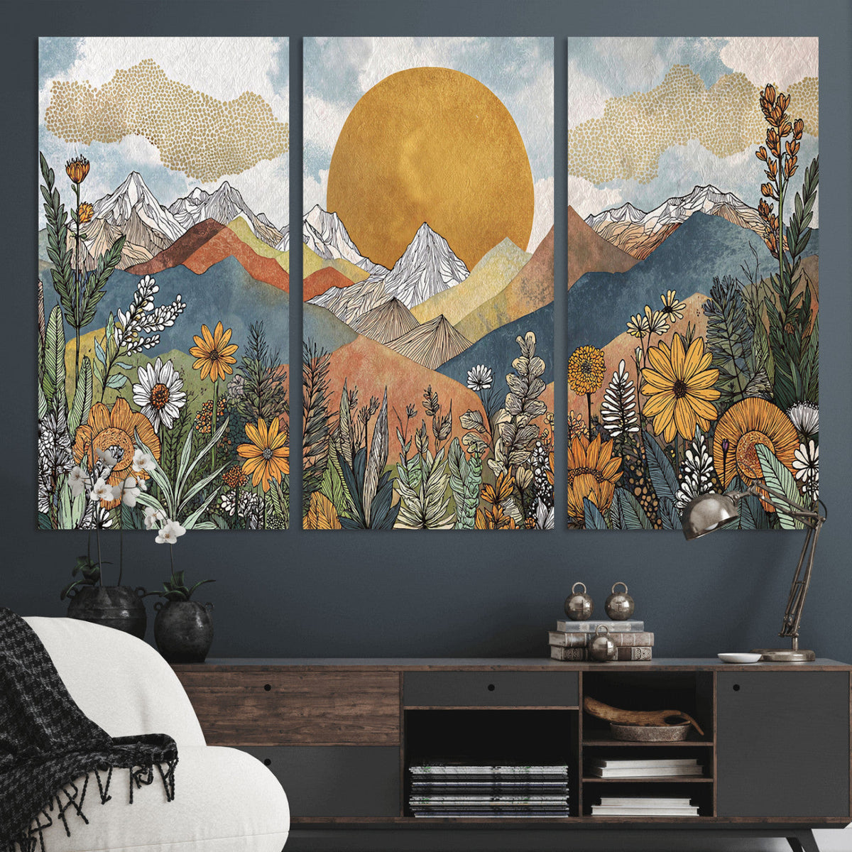 Boho Mountain Landscape Large Wall Art, Horizontal Gold