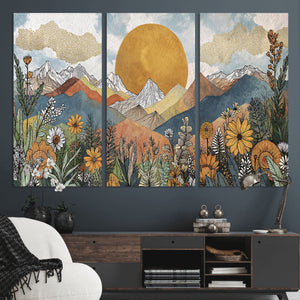Boho Mountain Landscape Large Wall Art, Horizontal Gold