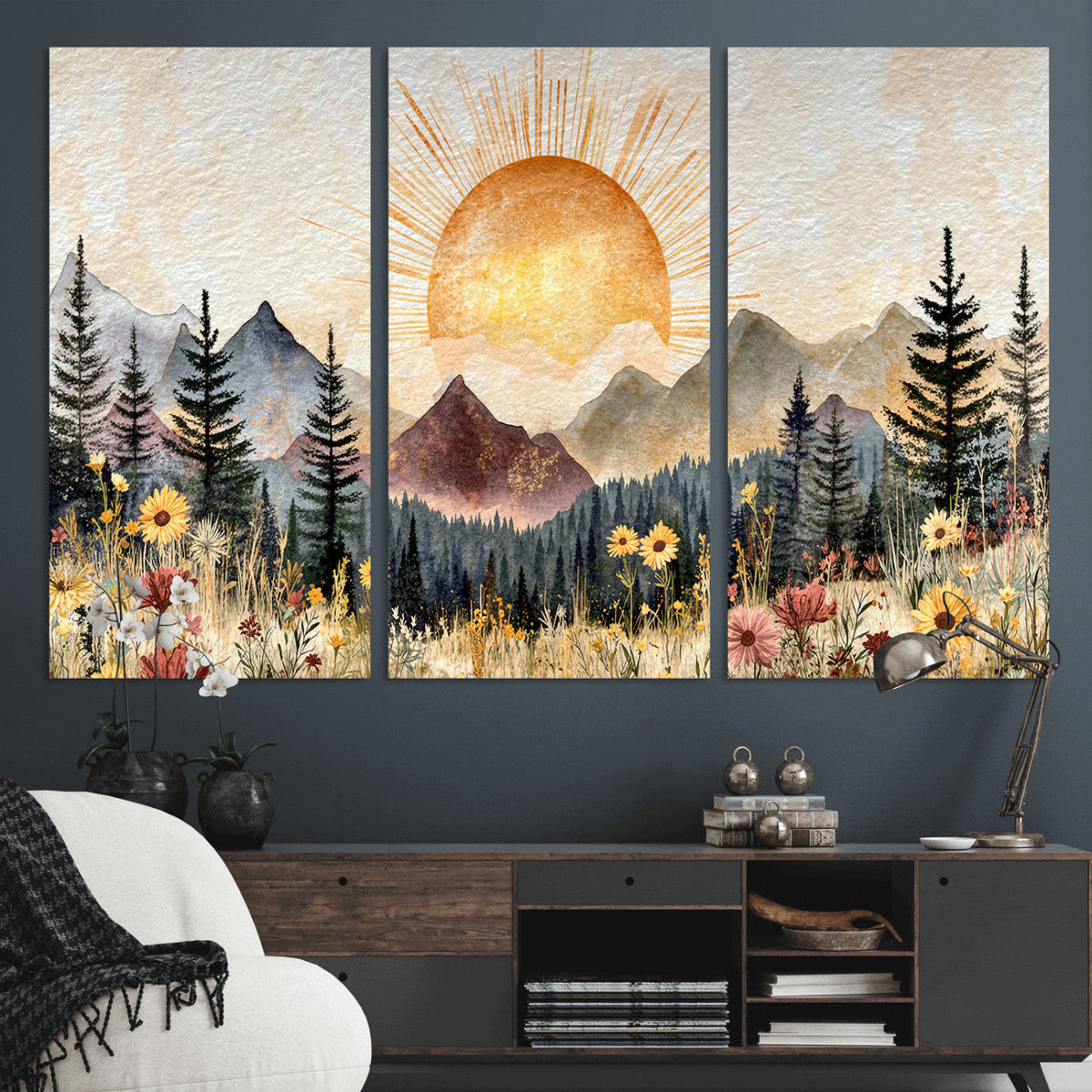 Boho Mountain Landscape Large Wall Art, Horizontal Gold