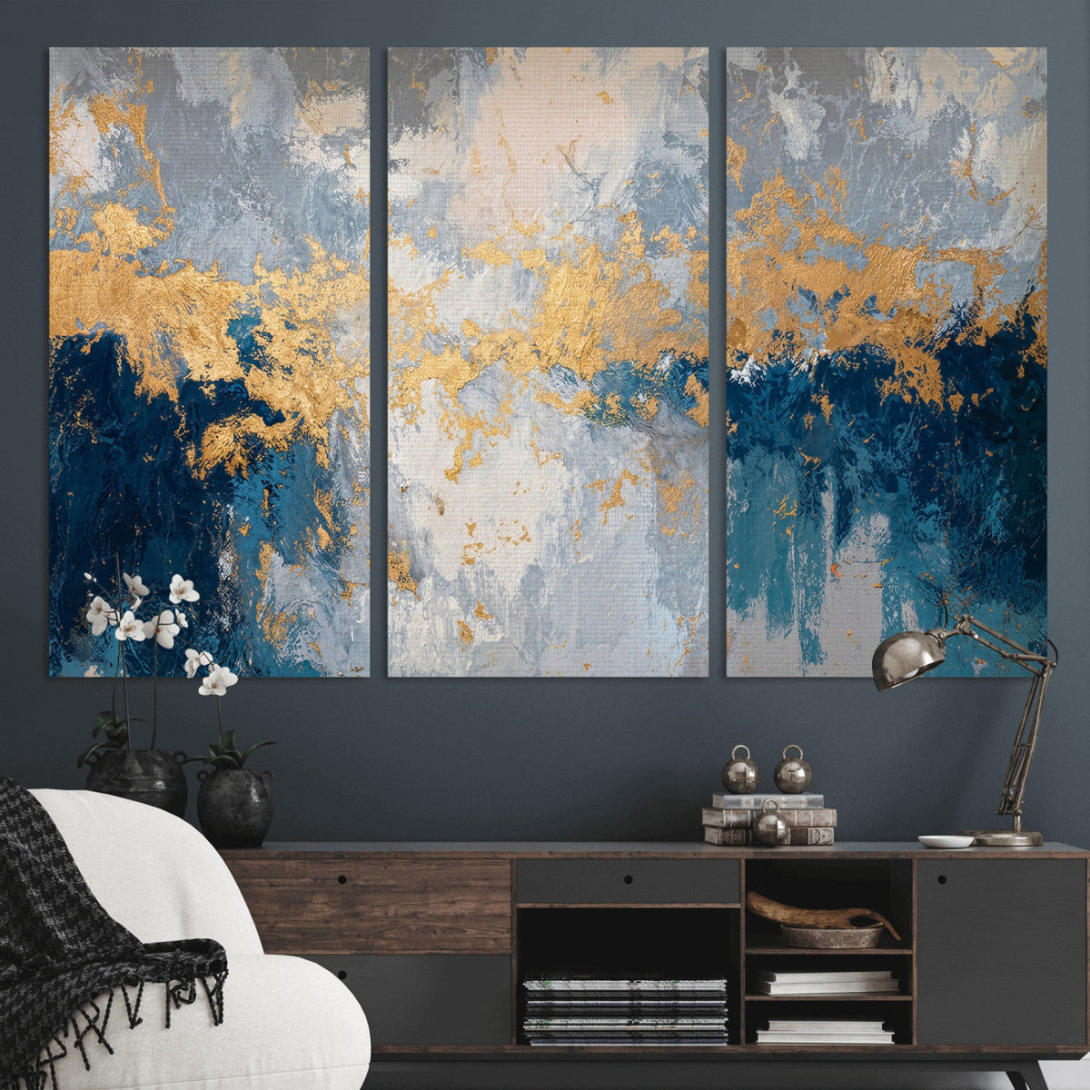 Blue Gold Abstract Large Framed Canvas Wall Art, Modern