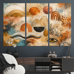 Geometric Boho Abstract Wall Art Canvas Print, Orange Blue