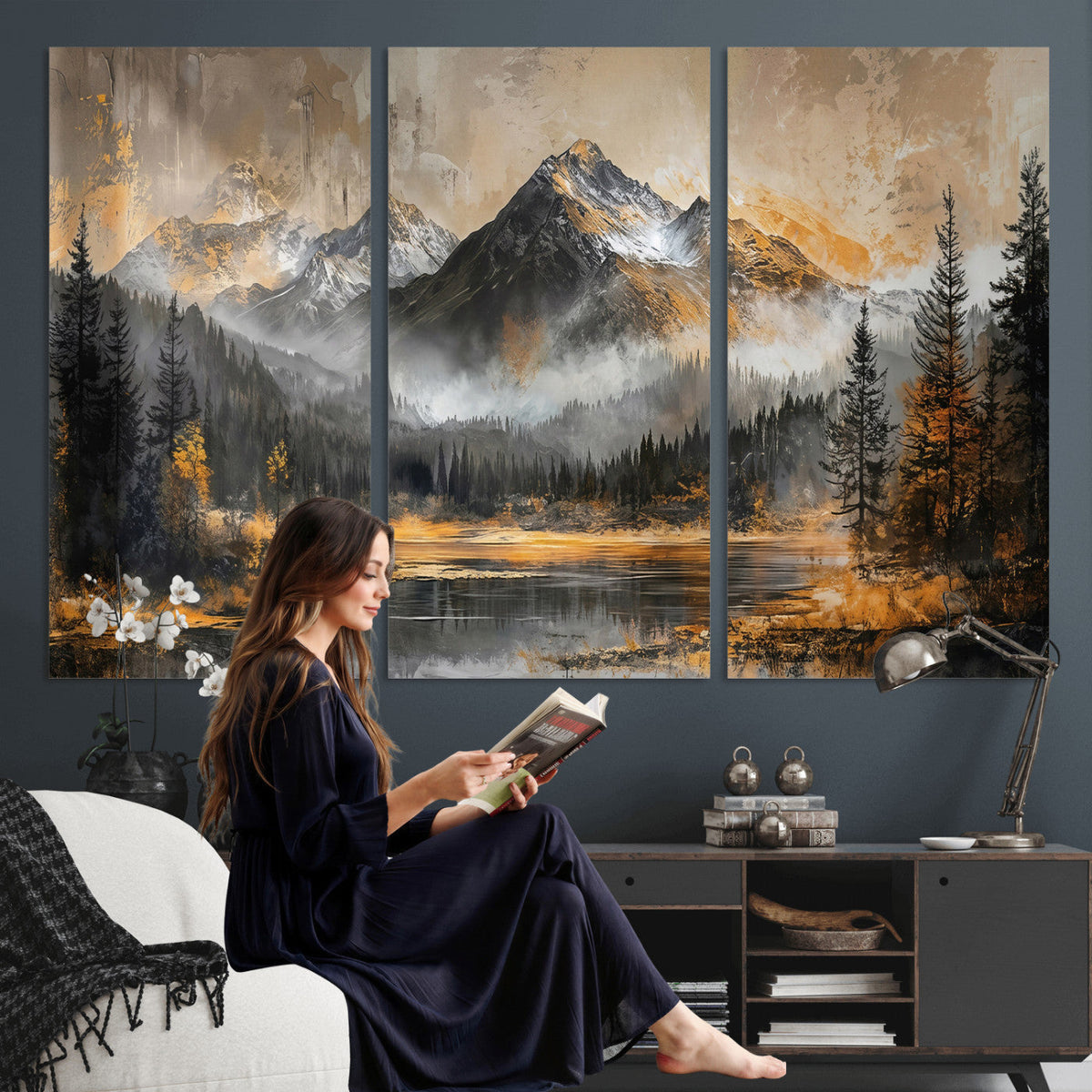 Mountain Lake Canvas Wall Art — Rustic Forest Landscape