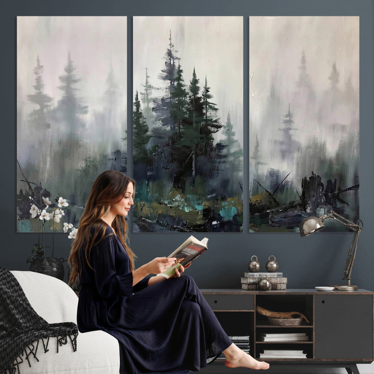 Misty Pine Forest Oil Painting Canvas — Dark Moody Teal Grey