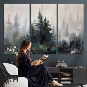 Misty Pine Forest Oil Painting Canvas — Dark Moody Teal Grey