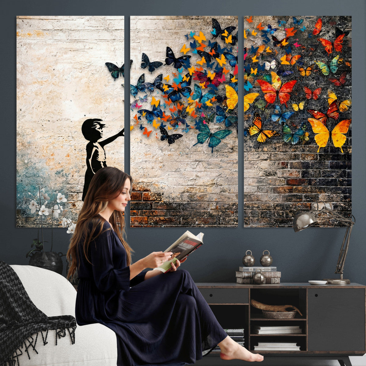 Banksy Graffiti Butterfly Girl Wall Art Canvas Print, Framed