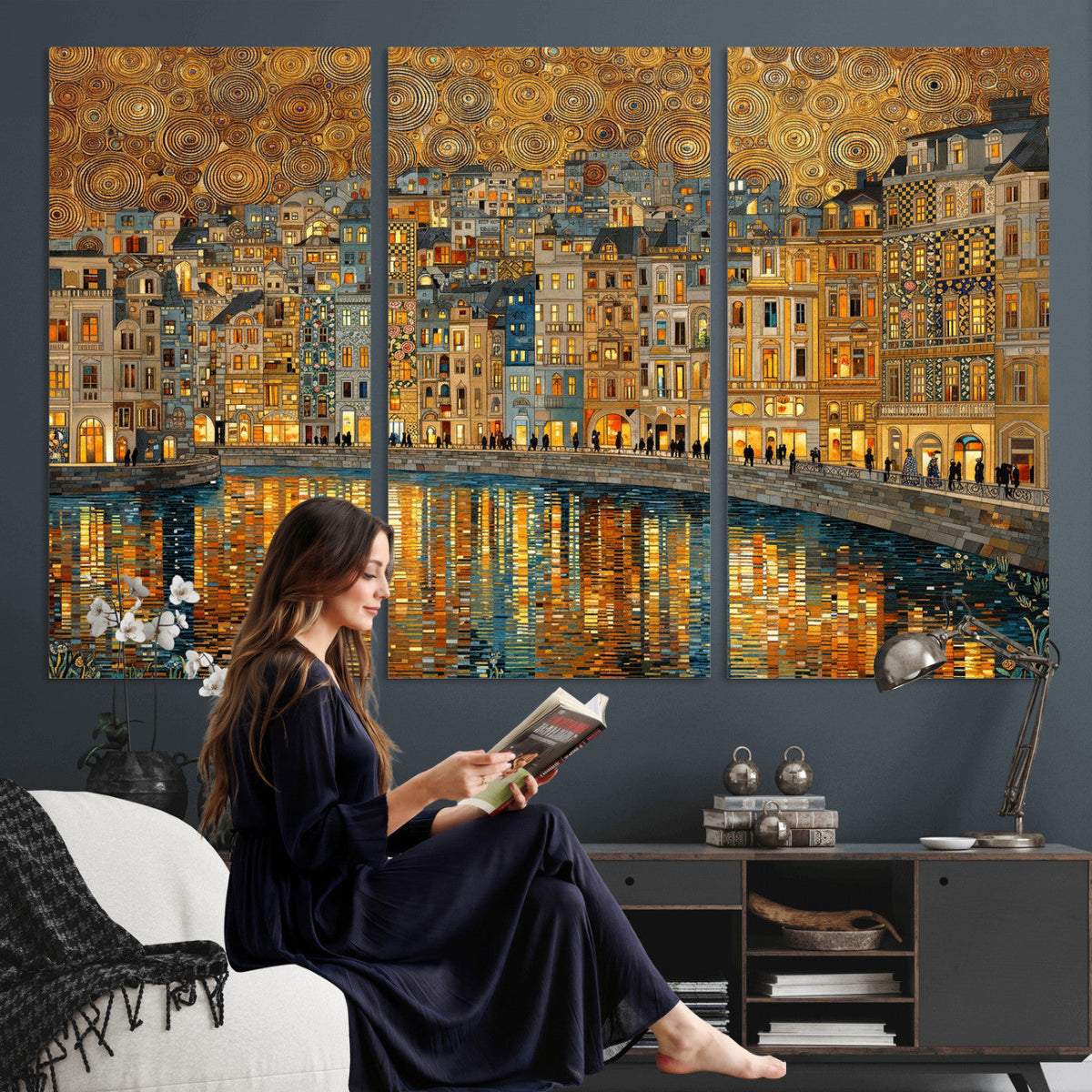 Gustav Klimt Golden Cityscape Wall Art Canvas Print, Framed
