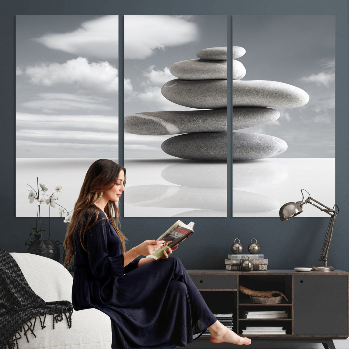 Zen Stone Wall Art Canvas Print, Balanced Rock Stack Framed