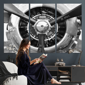 Vintage Propeller Plane Wall Art Canvas Print, Black and