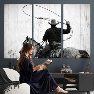 Cowboy Lasso Canvas Wall Art, Black White Western Horse