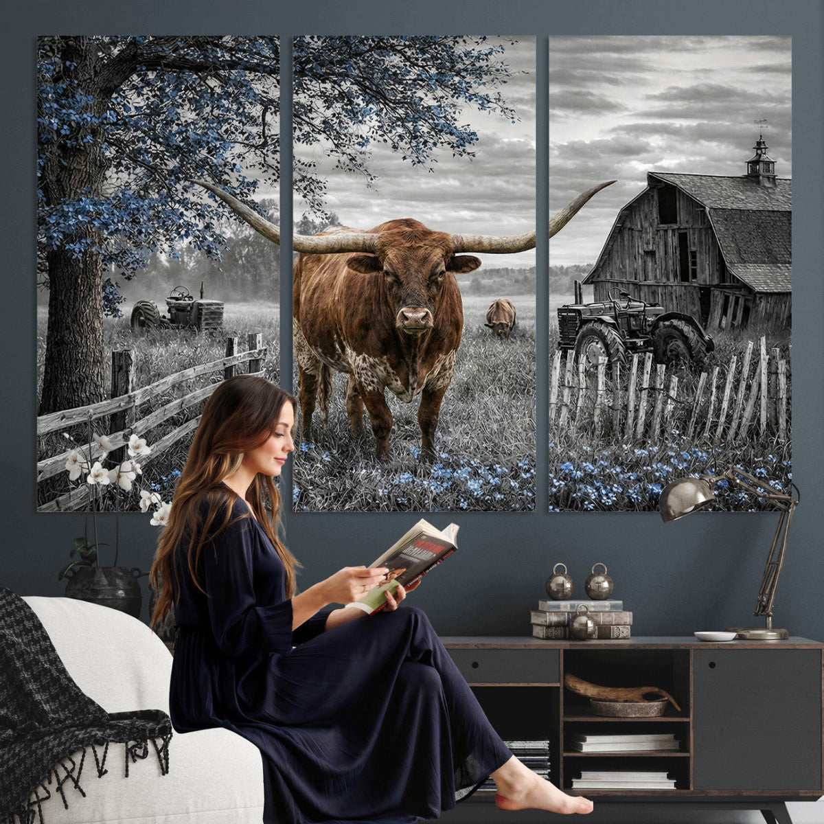 Texas Longhorn Canvas Wall Art, Rustic Farm Barn Bluebonnet