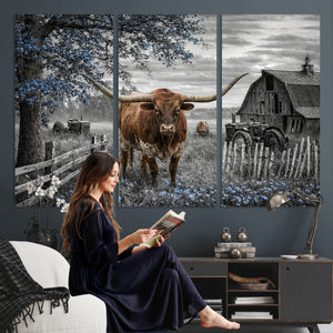 Texas Longhorn Canvas Wall Art, Rustic Farm Barn Bluebonnet