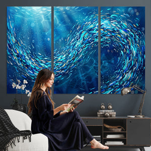 School of Fish Canvas Print | Blue Ocean Underwater Wall Art
