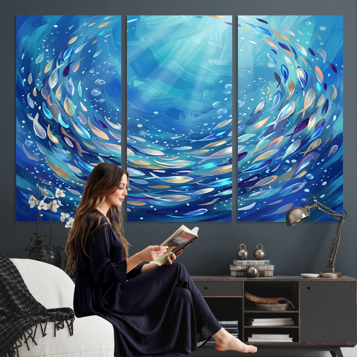 School of Fish Canvas Print | Blue Ocean Underwater Wall Art