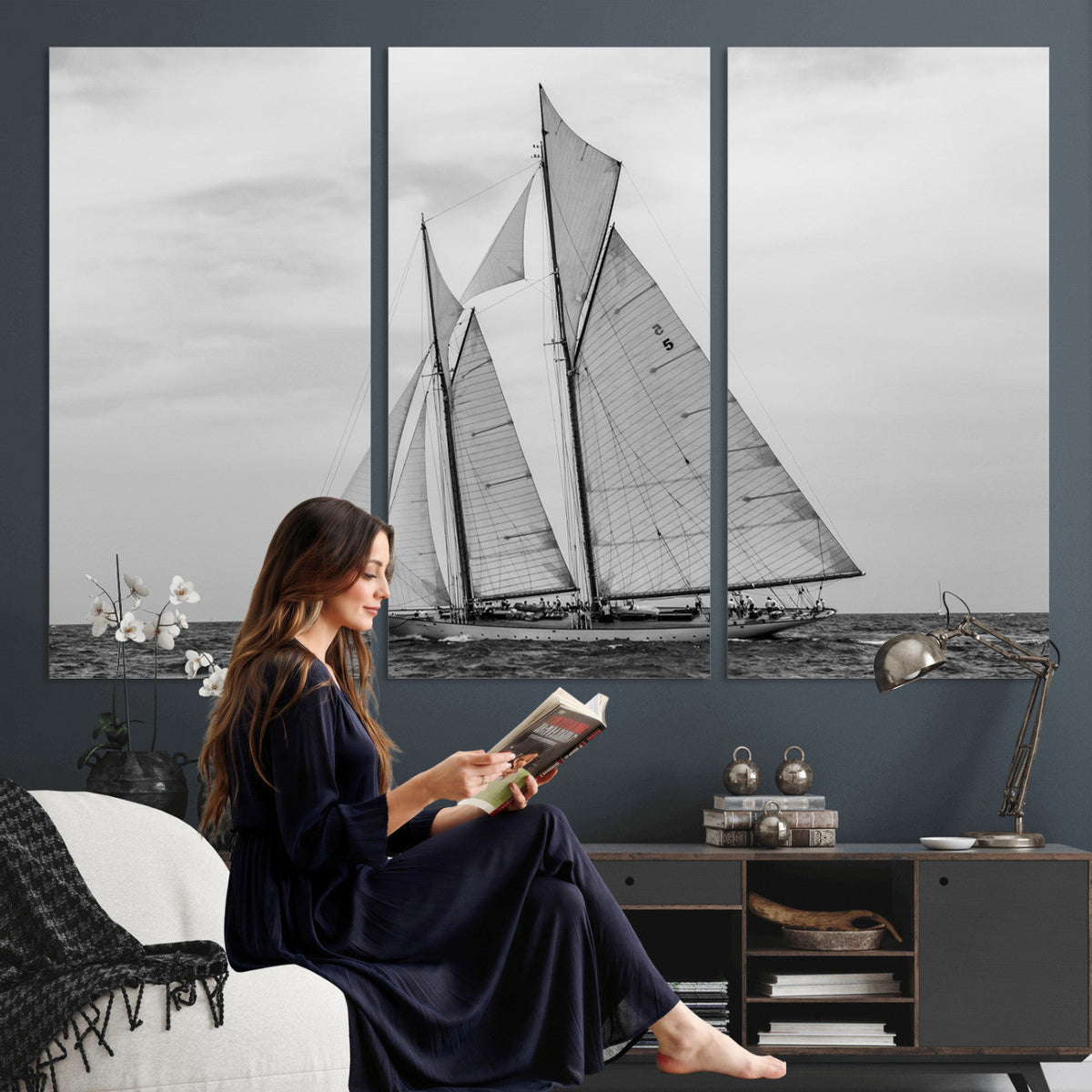 Vintage Sailboat Wall Art Canvas Print, Black and White