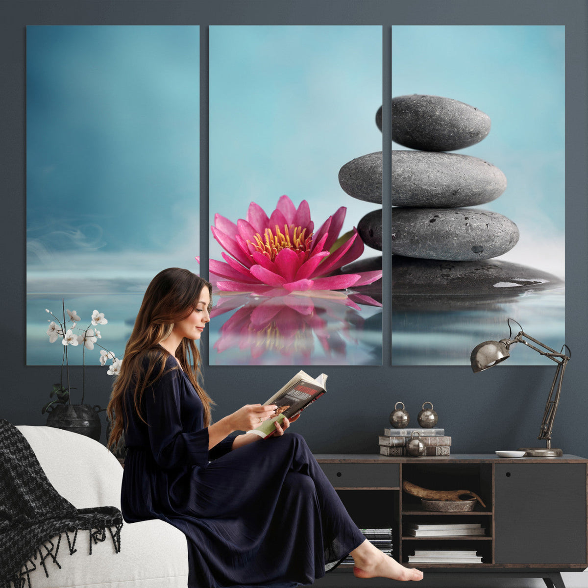 Zen Canvas Wall Art Lotus Flower Stacked Stones Teal Spa