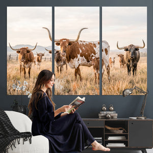 Texas Longhorn Canvas Wall Art, Rustic Farm Animal Photography Print, Farmhouse Country Decor, Western Ranch Art