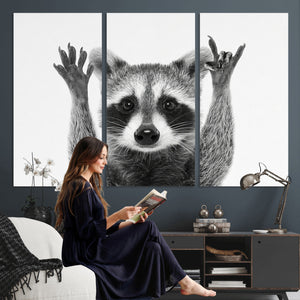 Funny Raccoon Canvas Wall Art, Black White Hands Up Animal Photo Print, Humorous Wildlife Decor, Kids Room Nursery Art, Quirky Animal Gift