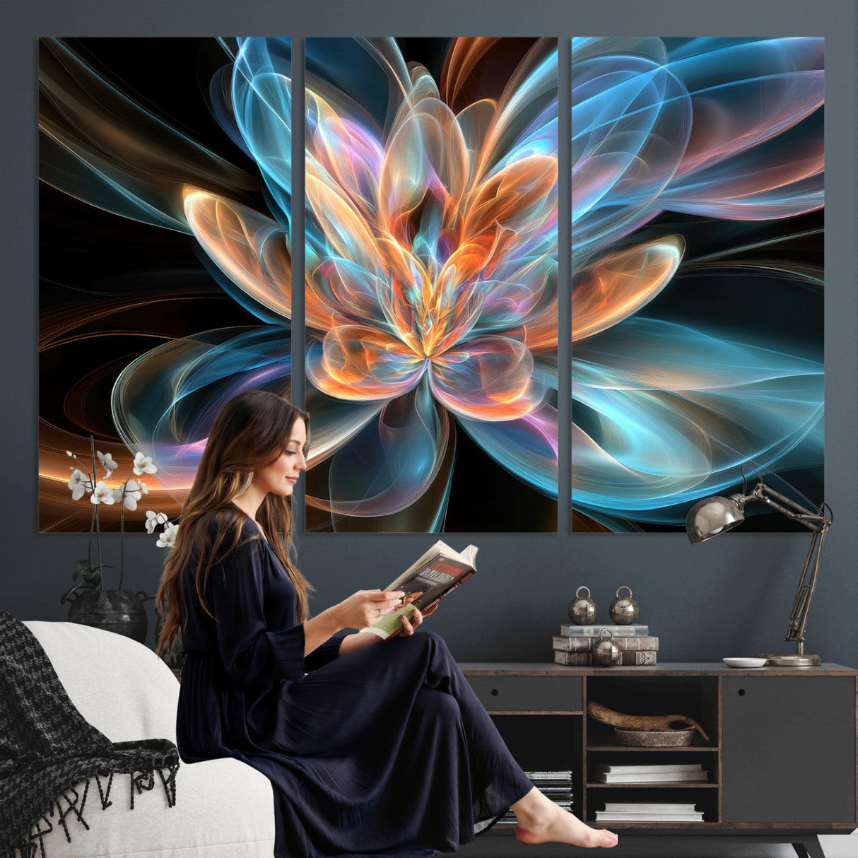 Fractal Lotus Canvas Wall Art, Blue Orange Glowing Flower Abstract Print, Modern Zen Meditation Room Decor, Ethereal Digital Art, Living Room