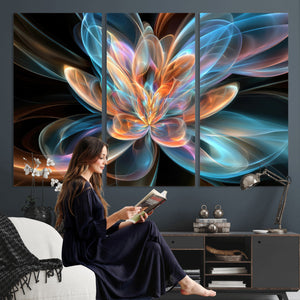 Fractal Lotus Canvas Wall Art, Blue Orange Glowing Flower Abstract Print, Modern Zen Meditation Room Decor, Ethereal Digital Art, Living Room