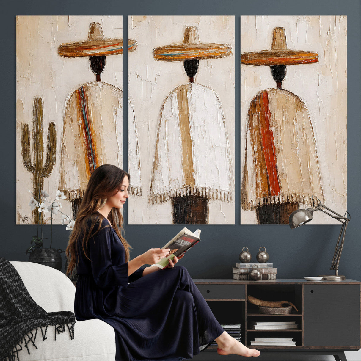 Mexican Wall Art Canvas Print, Southwestern Sombrero Poncho Painting, Neutral Earthy Boho Decor, Fiesta Living Room Art, Impasto Style Print