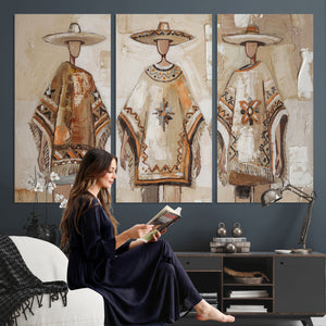 Mexican Folk Art Canvas Wall Art, Charro Poncho Sombrero Painting Print, Neutral Beige Boho Decor, Southwestern Impasto Style, Living Room Art