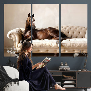 Funny Horse on Sofa Canvas Wall Art, Quirky Horse Lounging Photo Print, Whimsical Animal Decor, Living Room Conversation Art, Horse Lover Gift