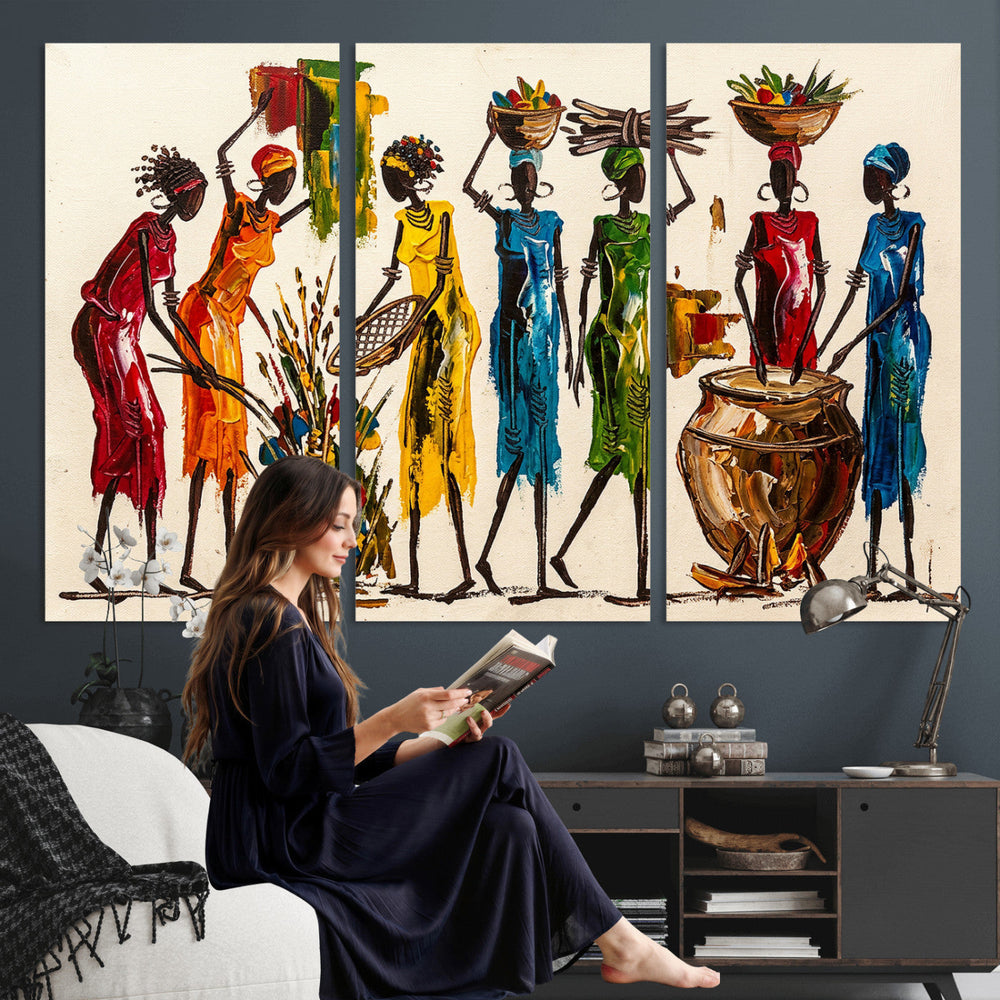 African Folk Art Canvas Wall Art, Colorful African Women Village Painting Print, Tribal Ethnic Home Decor, Vibrant African Art, Living Room