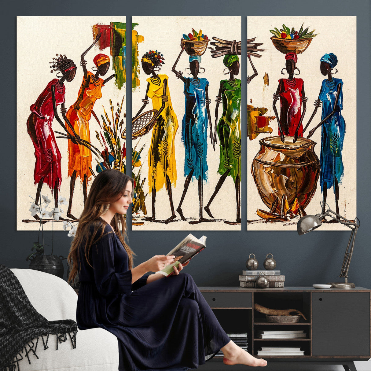 African Folk Art Canvas Wall Art, Colorful African Women Village Painting Print, Tribal Ethnic Home Decor, Vibrant African Art, Living Room