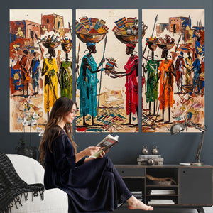 African Folk Art Canvas Wall Art, Colorful African Women Village Painting Print, Tribal Ethnic Home Decor, Vibrant African Art, Living Room