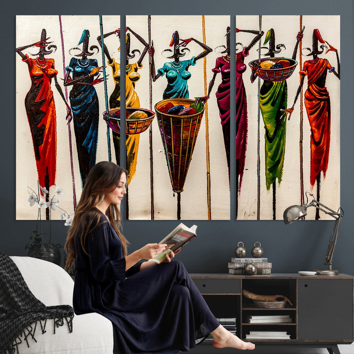African Folk Art Canvas Wall Art, Colorful African Women Village Painting Print, Tribal Ethnic Home Decor, Vibrant African Art, Living Room