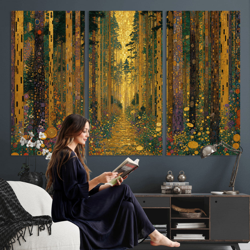 Gustav Klimt Style Forest Canvas Wall Art, Golden Forest Path Floral Art Nouveau Print, Enchanted Woodland Decor