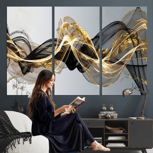 Black and Gold Abstract Wall Art, Modern Wave Canvas Print, Elegant Flowing Smoke Art, Luxury Living Room Decor