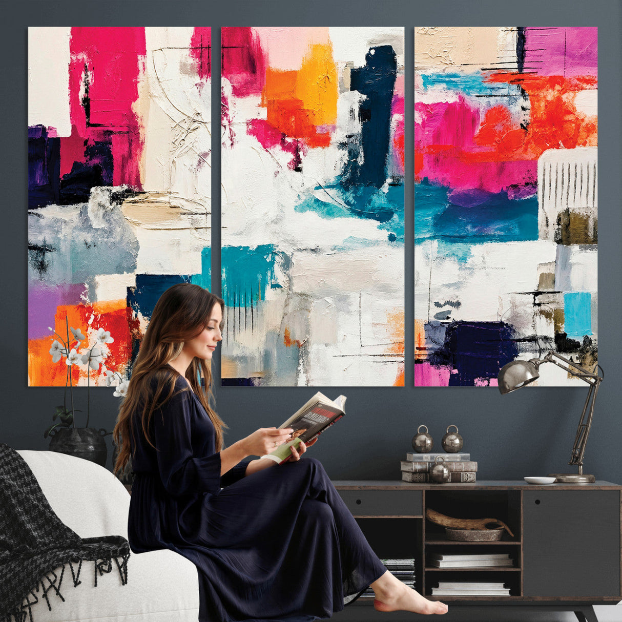 Blue Teal Abstract Canvas Wall Art, Modern Textured Painting Print, Navy Orange White Contemporary Art, Neutral Living Room Decor, Office Art