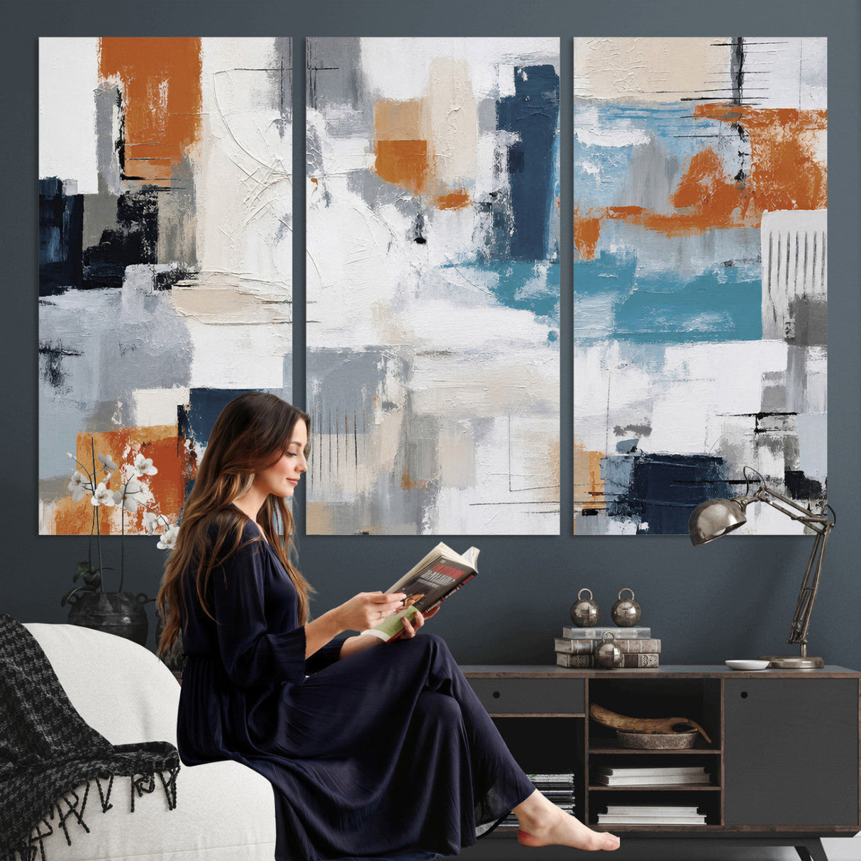 Blue Teal Abstract Canvas Wall Art, Modern Textured Painting Print, Navy Orange White Contemporary Art, Neutral Living Room Decor, Office Art