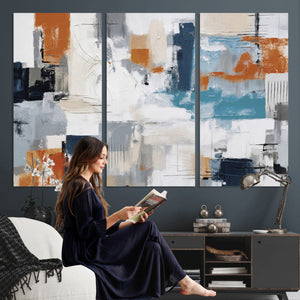 Blue Teal Abstract Canvas Wall Art, Modern Textured Painting Print, Navy Orange White Contemporary Art, Neutral Living Room Decor, Office Art