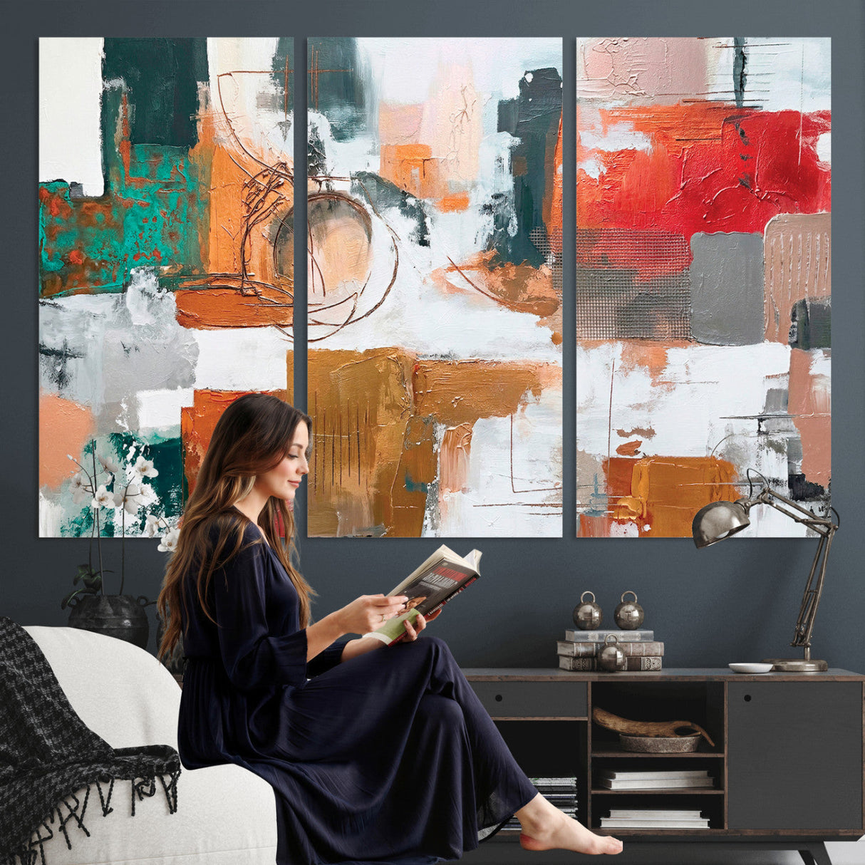 Blue Teal Abstract Canvas Wall Art, Modern Textured Painting Print, Navy Orange White Contemporary Art, Neutral Living Room Decor, Office Art