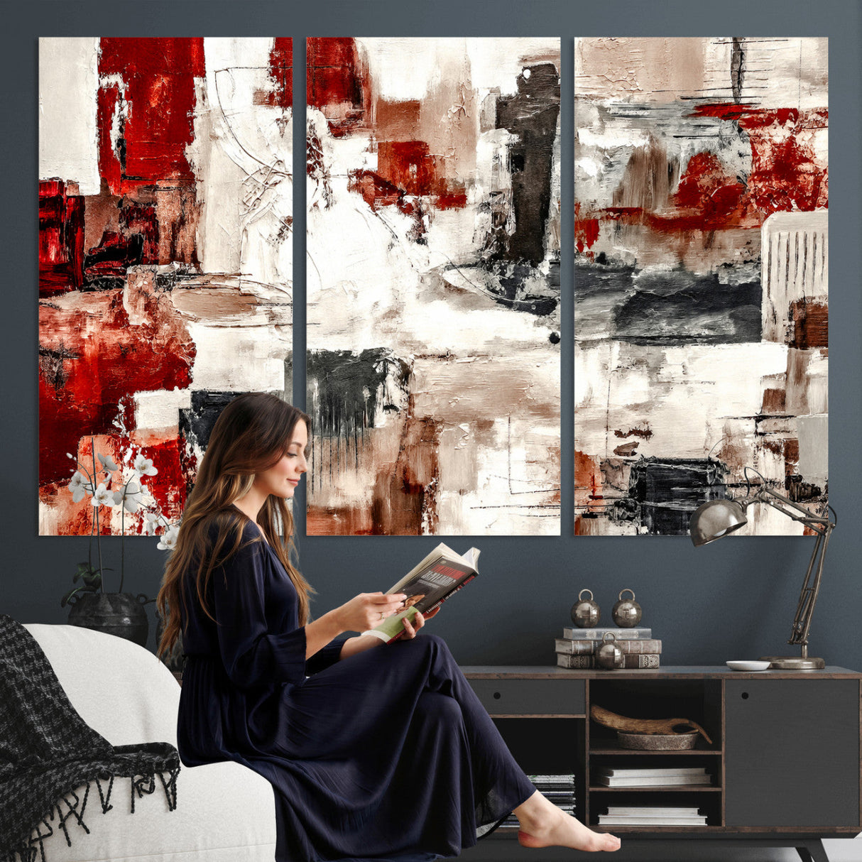 Blue Teal Abstract Canvas Wall Art, Modern Textured Painting Print, Navy Orange White Contemporary Art, Neutral Living Room Decor, Office Art