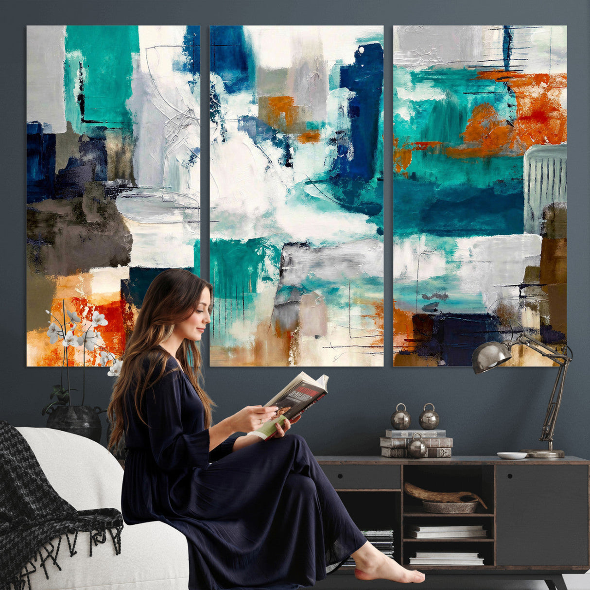 Blue Teal Abstract Canvas Wall Art, Modern Textured Painting Print, Navy Orange White Contemporary Art, Neutral Living Room Decor, Office Art