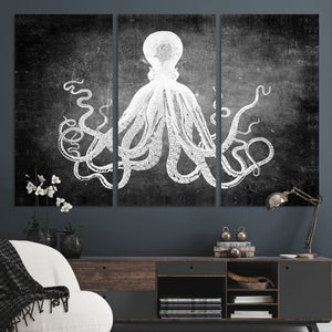 Black White Octopus Wall Art Canvas Print