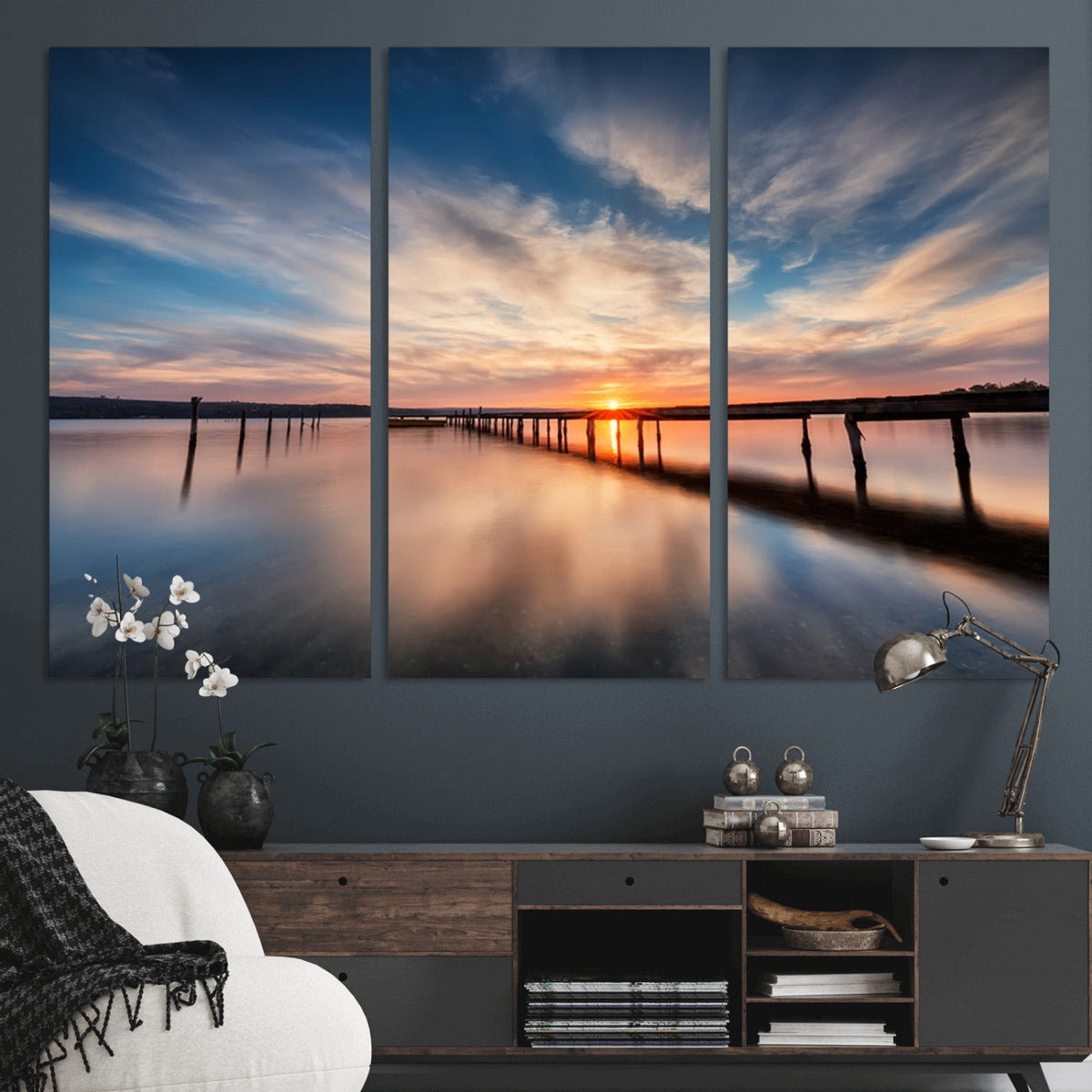 Wooden Pier on Seascape and Sunset Wall Art Canvas Print